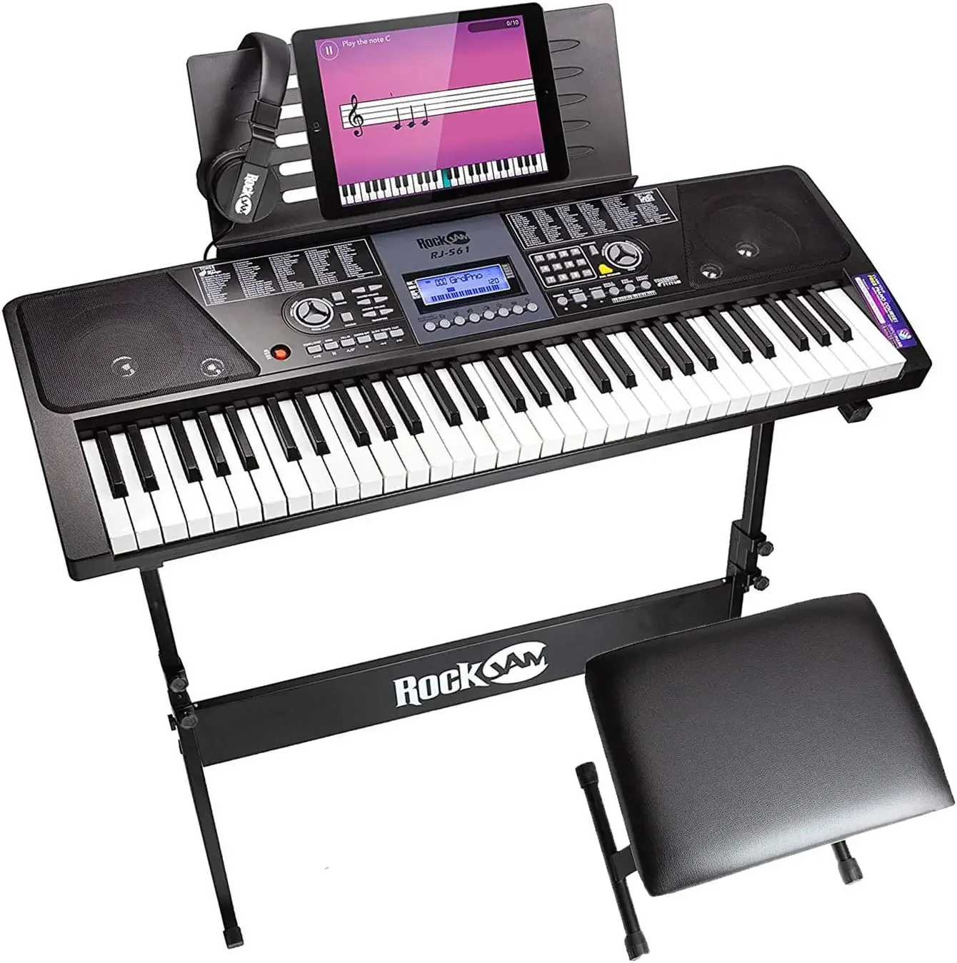 61 Key Keyboard Piano With LCD Display Kit, Stand, Bench, Headphones, Simply App & Keynote Stickers