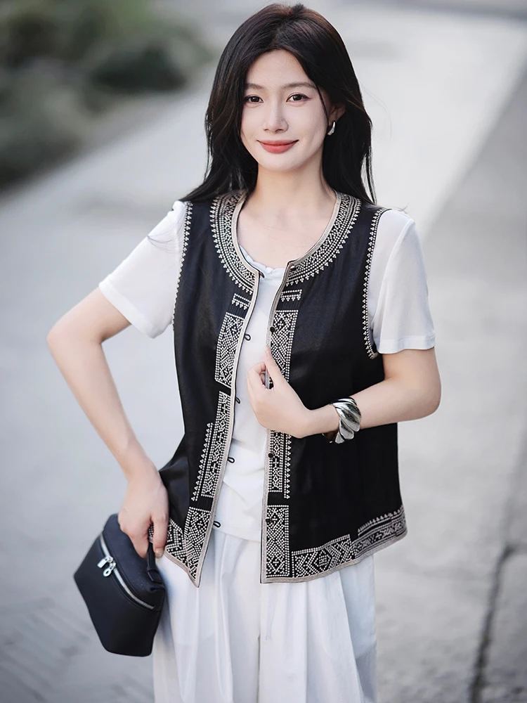 

Женская свободная жилетка Zhaoda Xi из вышитого шелка с эффектом облегающего силуэта, модная летняя новинка