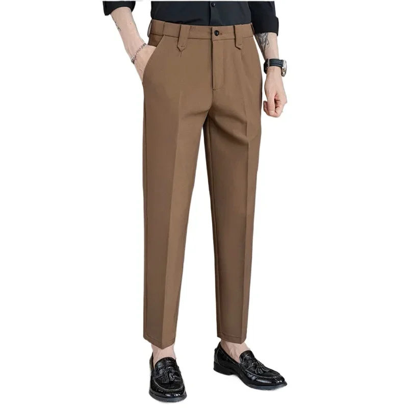 Men Commute Elastic Waist Slim Fit Business Casual Suit Pants Plus Size Korean Fashion Vintage Dress Pants Trousers 40