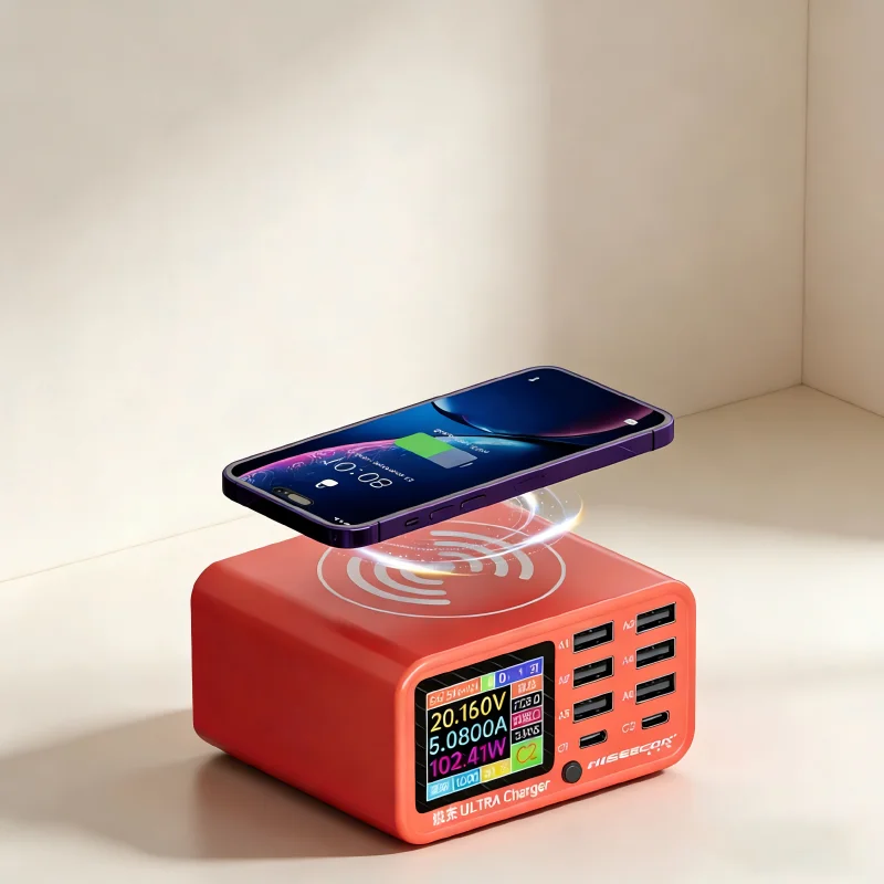 100W Multi-Port USB Charger Hub with Digital Display PD and QC Fast Charging Station Voltage and Current for Phones Laptops