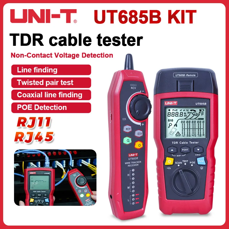 

Набор для Тестирования кабелей UNI T UT685B, ручной тестер сетевого кабеля с ЖК-экраном 2,8 дюйма, POE, детектор последовательности длины сетевого кабеля, переходник RJ11 RJ45