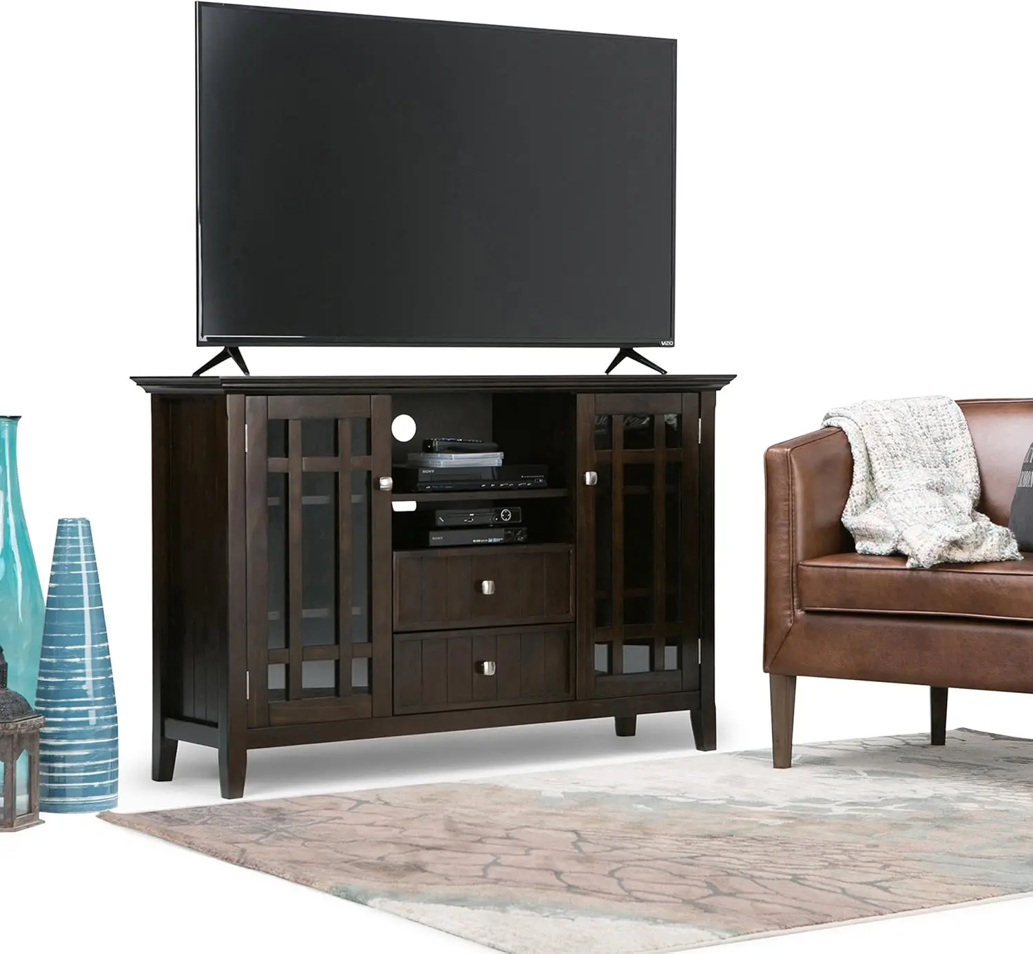 53 Inch Wide Transitional TV Media Stand in Dark Tobacco Brown for TVs up to 60 Inches, For the Li