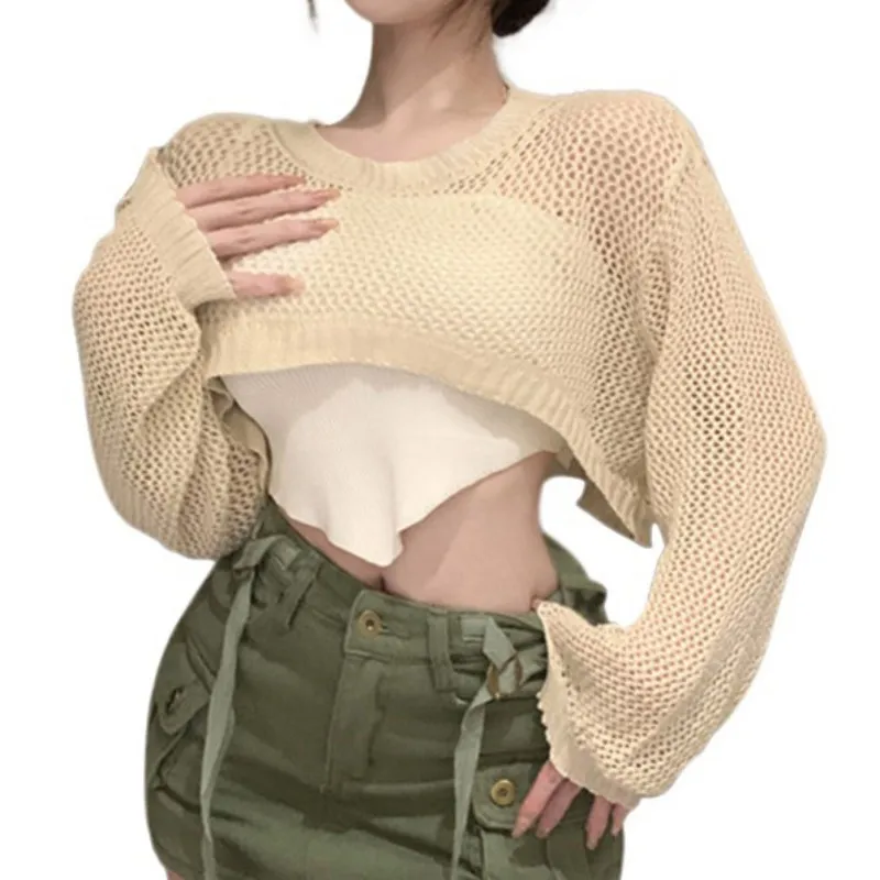 Women Crochet Knit Hollow Out Crop Top Long Flared Sleeve Shrug Sweater Mesh Cover Ups Cardigan Streetwear Pullover  Shirt