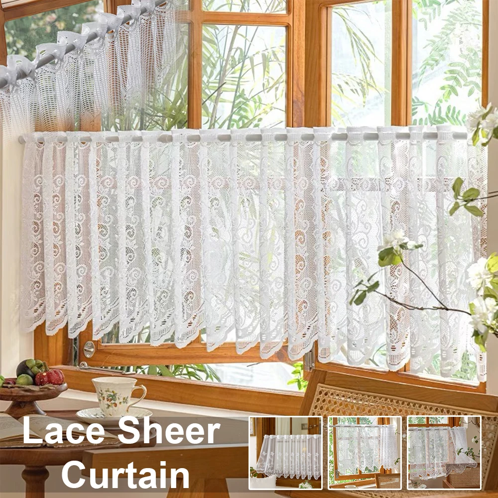 

European White Sheer Short Lace Curtains Wave Bottom Ring Top Half Curtain 1PC for Kitchen Cafe Small Window Bathroom Decoration