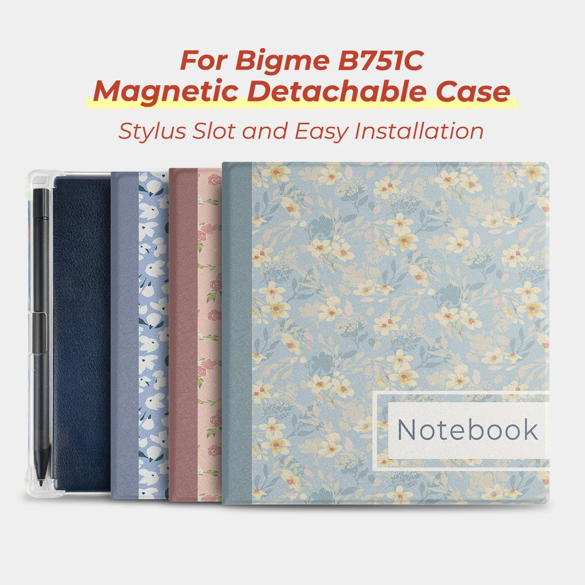 

Twosheep Magnetic Detachable Case for Bigme B751C 7 Inch Soft TPU Cover with Pen Slot Auto Sleep Wake Floral Book S