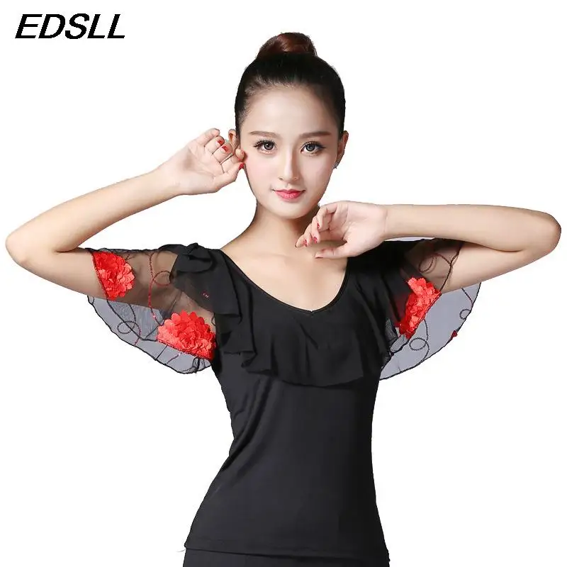 Fashion Stage Performance abbigliamento Lotus Leaf Sleeve Eyelash Lace Top Square Dance Flare Sleeve Top da ballo a maniche corte da donna