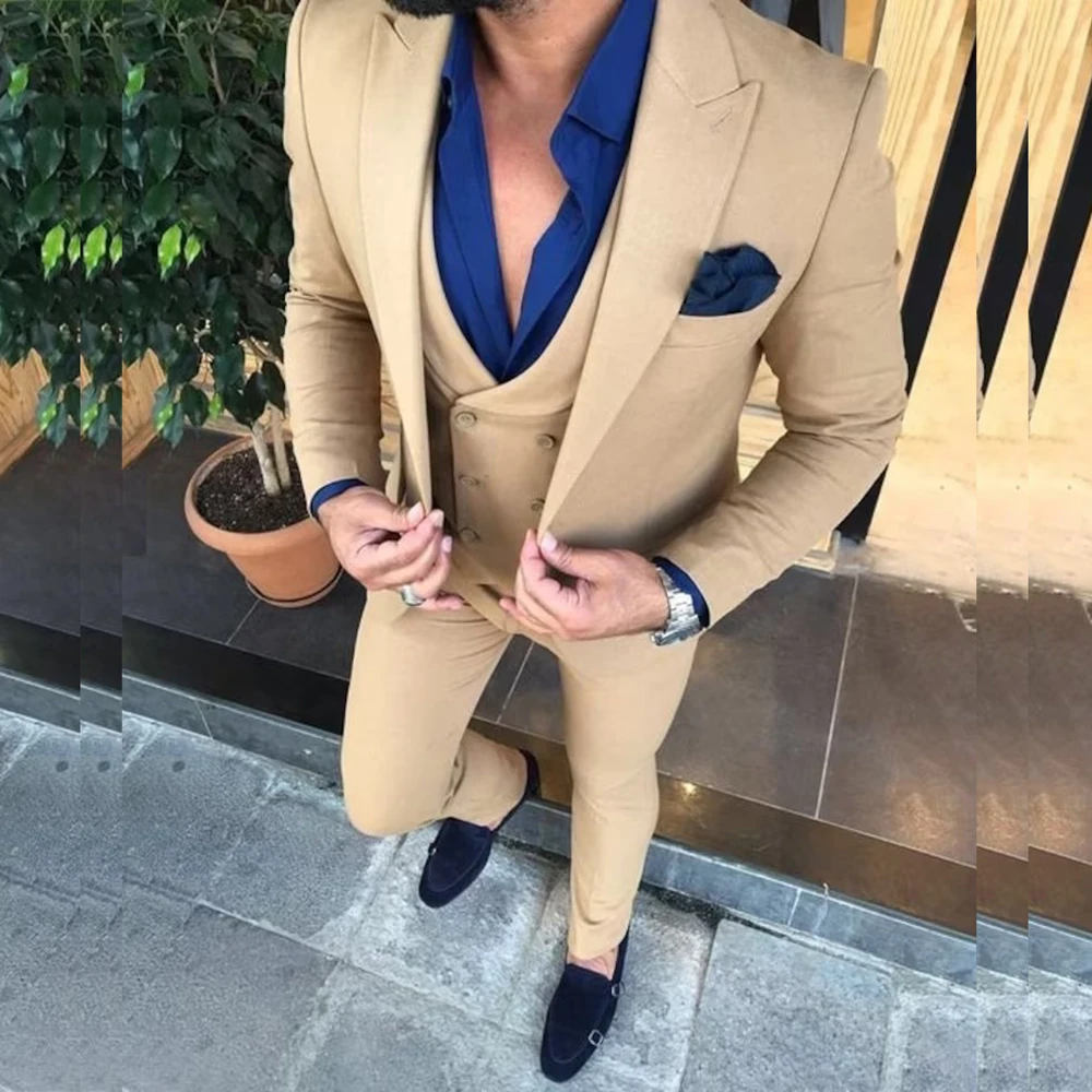 

STEVDITG Champagne Suits for Men Flat Regular Length Single Breasted Peaked Lapel Wedding Full Set 3 Piece Jacket Pants Vest