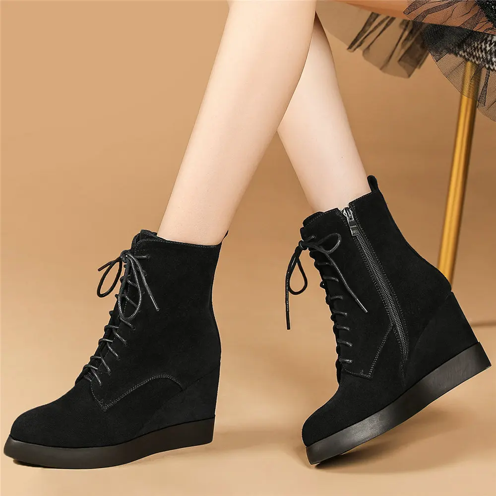 Women\'s Suede Leather Ankle Boots Lace Up Platform Wedge High Heel Western Chelsea Oxfords Casual Shoes