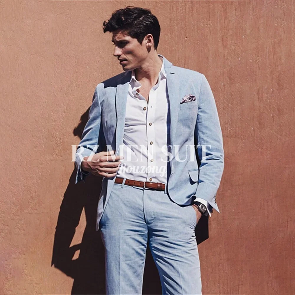 Mens Linen Suit 2 Piece Slim Fit Linen Suit for Men  trajes para hombre Summer Beach Wedding Suits Jacket Pants Set