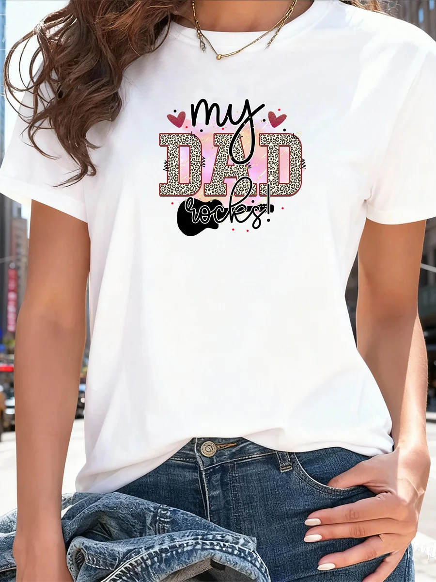 

White Short Sleeve "My Dad Rocks!" Graphic T-Shirt with Leopard Print Letters and Heart Accents for Father's Day Gift