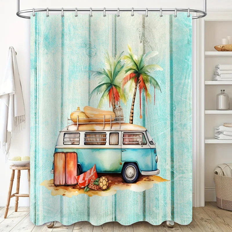 Chic Wood Grain & Beach Car Design Shower Curtain Set - Waterproof, Moisture-Repellent with 12 Hooks, Machine Washable Polyester