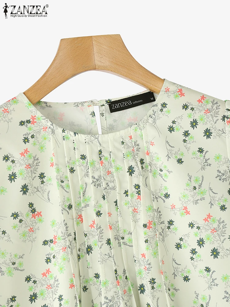 ZANZEA Floral Blouses Summer Bohemain Holiday Shirt Women Casual Short Sleeve Printed Tunic Tops Pleated Blusas Loose Chemise