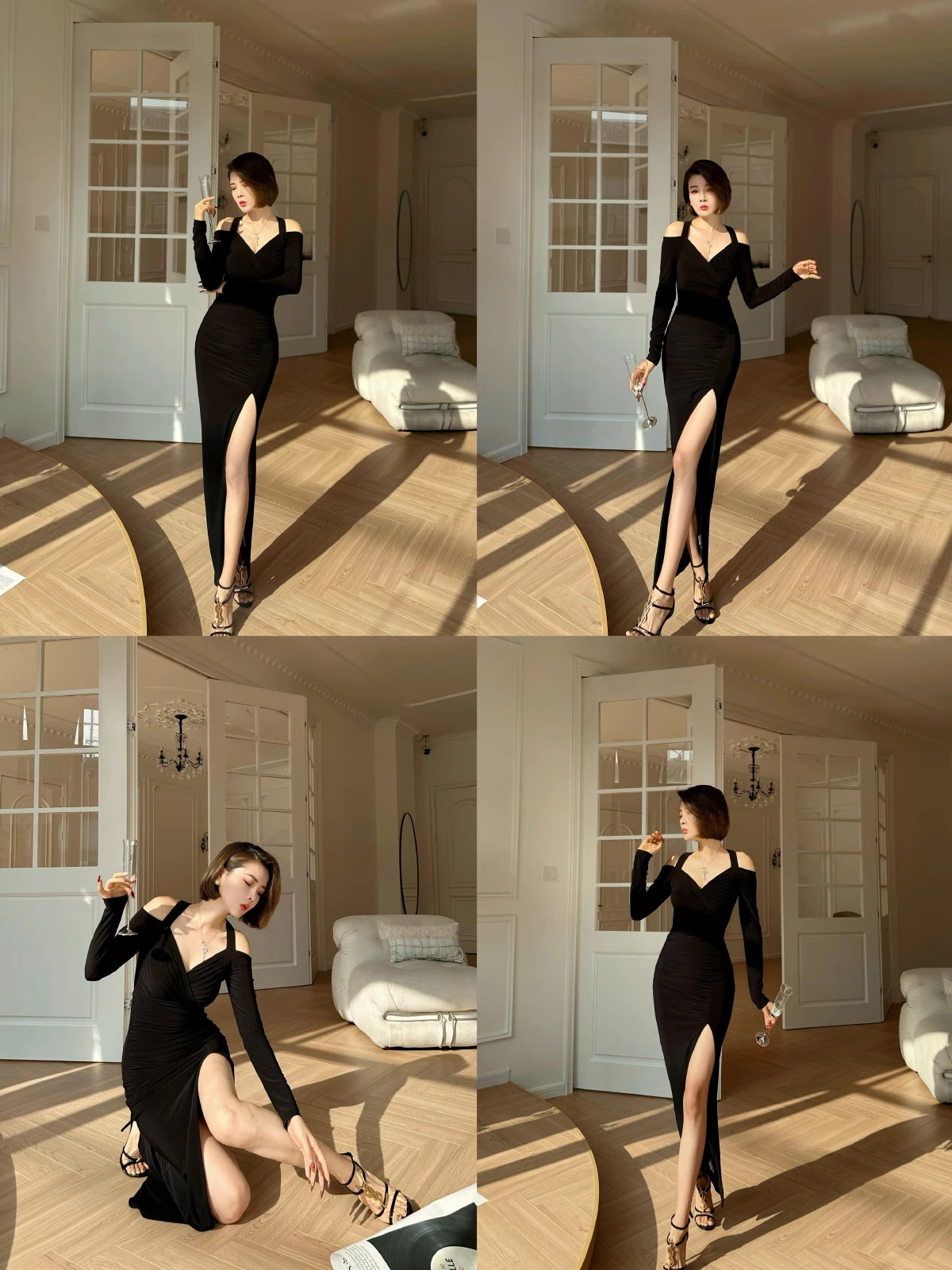 XULU オリジナル クリスタルリネン 無地 Vネック セクシー スリム ネライン ロングスリーブ ハイウエスト Aライン イブニングドレス