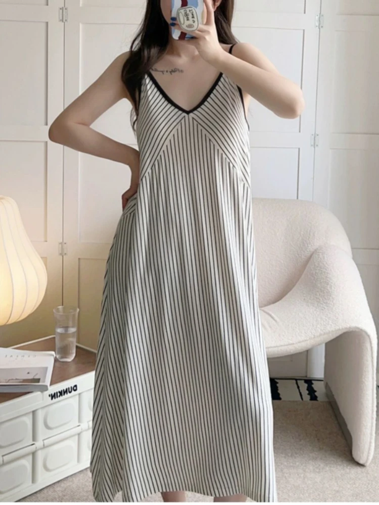 

2025 Women's Striped Deep V Neck Cami Nightdress - Loose Long Sleep Dress, Sweet Casual Loungewear for Summer
