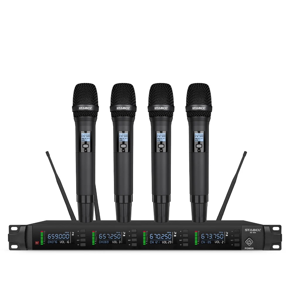 

ST-804 Professional 4 Channel UHF Wireless Microphone System With Four Handhelds Headsets Dynamic Mic