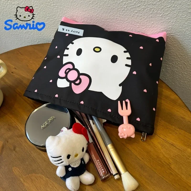 Cute Sanrio Black Pink Hello Kitty Cartoon Cosmetic Bag Anim Portable Canvas Travel Sundries Storage Bag Large Coin Purse