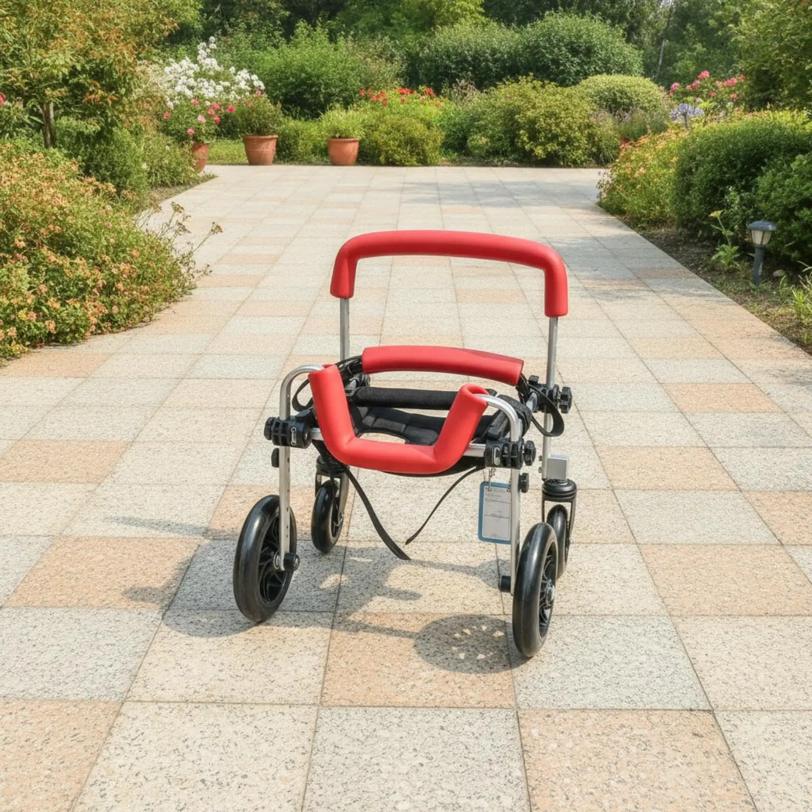 Adjustable Front Limb for Dogs Aluminum Alloy Construction with Red Padded Areas Secure Fastening and Smooth Wheels Mobility Aid