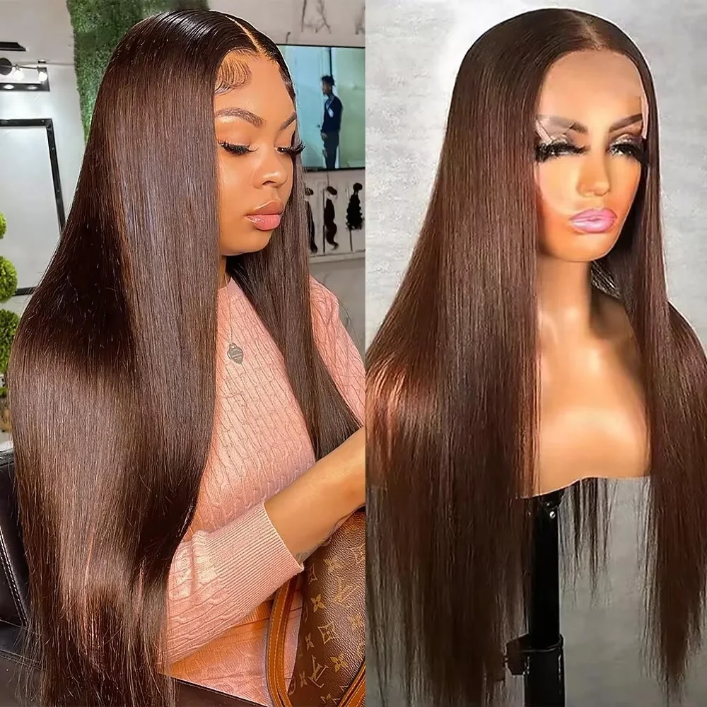 

#4 Chocolate Brown Straight Wig 13x6 HD Undetectable Lace Frontal Pre Plucked Natural Hairline Glueless Ready to Wear 46 Inches