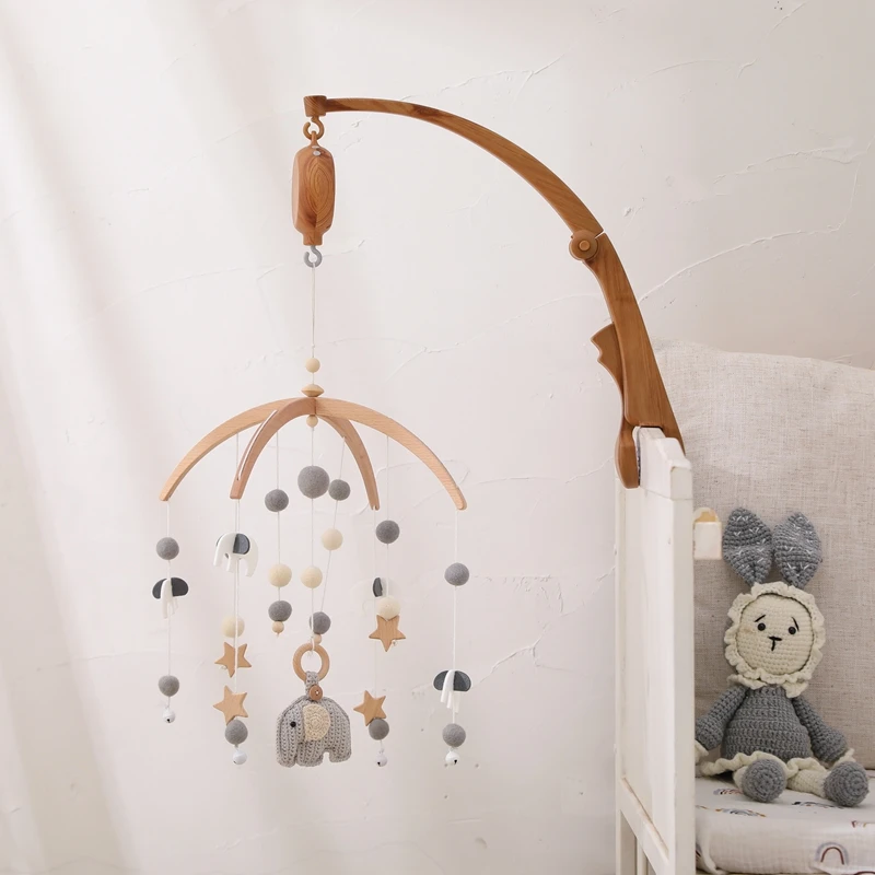 DIY Baby Crib Bed Bell Holder Arm Toy Imitation Wood Grain Infant Bed Decoration Toys Rotating Music Box Nut Screw Arm Bracket