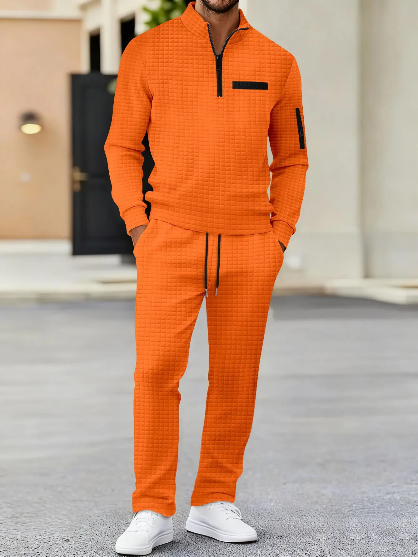 Spring and autumn fashion men's suit - high-quality casual checkered Polo shirt - outdoor tactical arm zipper jacket set