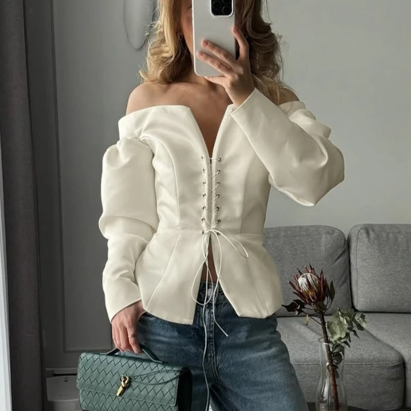 

TARUXY сексуальный кардиган на одно плечо, женские топы с длинными рукавами на шнуровке, однотонный тонкий топ с v-образным вырезом, осенняя женская одежда