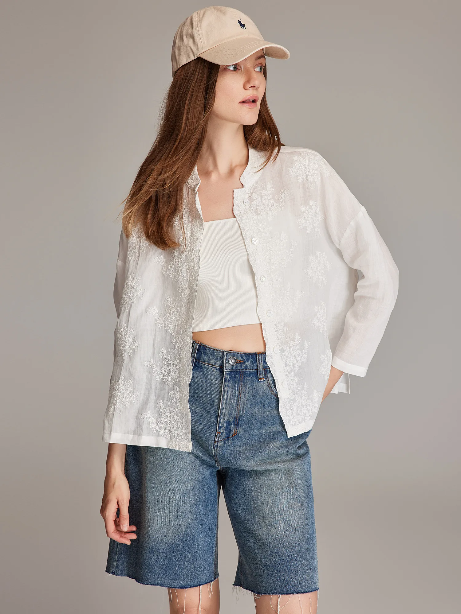 

LPBC Loose Fit Linen Shirt Embroidered Seven Quarter Sleeve Breathable Comfortable Lazy Style Women's Spring Summer Shirt