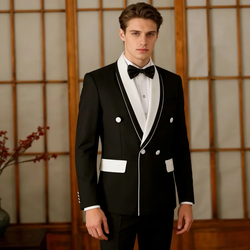 

Мужской черный приталенный костюм-смокинг из двух частей для торжественных мероприятий - для свадеб, шаферов, банкетов, вечерних мероприятий, выпускных, ведущих, певцов, фотосессий