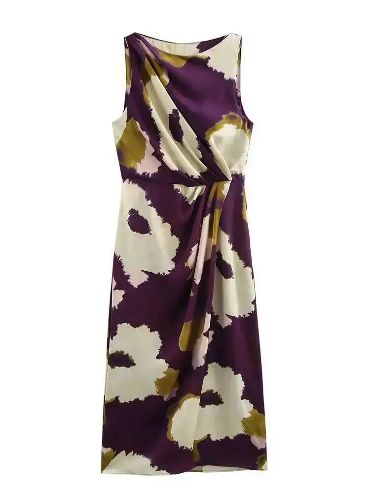 Women Summer Long Dresses 2025 New Fit Party Fashion Vintage Female Sleeveless Flower Print Round Neck Midi Dress Woman T7WE