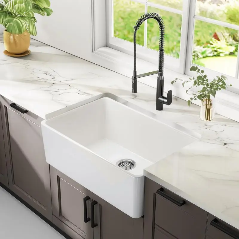

24" White Fireclay Farmhouse Sink, 24x16 Apron Front Ceramic Sink for Compact Kitchen & Laundry, Single Basin with Grid &