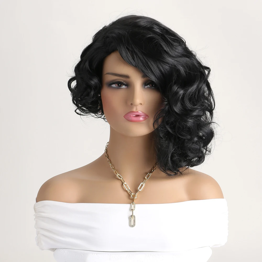 14 Inch Short Curly Wigs for Black Women Soft Black Curly Wig with Bangs For Daily Use Holiday Halloween Costume Party