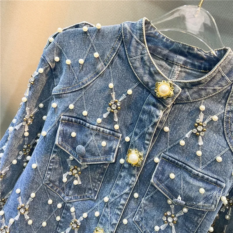 Blue Slim Short Denim Jacket Women Heavy Work Pearl Beaded Diamond Stand-up Collar Single-breasted Long Sleeve Jeans Jacket - Image 4