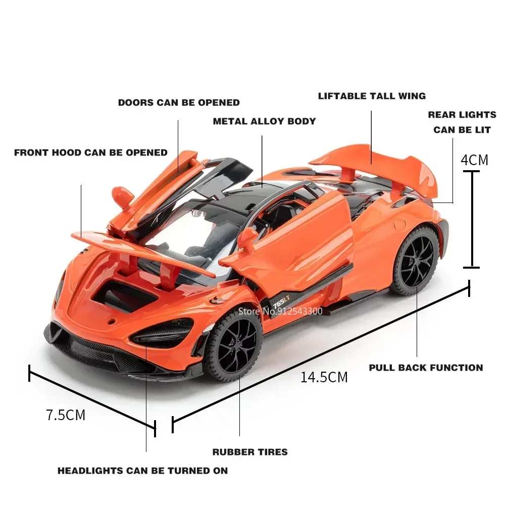 1:32 Scale 765LT Toy Car Model Alloy Diecast Doors Opened Pull Back Sound Light Miniature Vehicle Models Boys Gift Collection