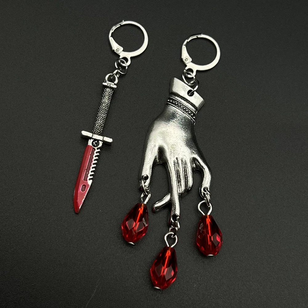 Red Dagger Earrings Hand The Asymmetrical Silver Plated Lady & Dagger Earrings,Aesthetic Dangle Earrings,Boho Earrings