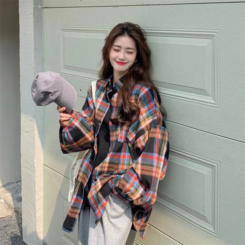 

Осенняя свободная клетчатая куртка-рубашка в ленивом стиле, женский топ в стиле ретро