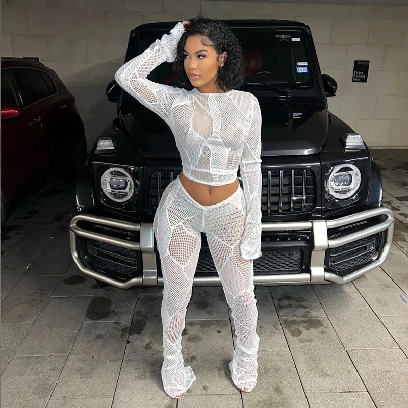 

Sexy Long Sleeve Hollow Out Crop Top High Waist Bodycon Pants See Through Knitted Women Two Piece Set Party Club Outfits