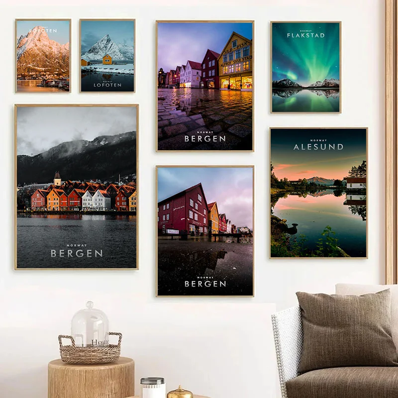 ภาพทิวทัศน์เมืองธรรมชาติอันงดงามจิตรกรรมฝาผนังนอร์เวย์แผ่นเกล็ดเกล็ดหิมะของเมืองเบอร์เก้นภาพพิมพ์ผ้าใบสำหรับตกแต่งบ้าน