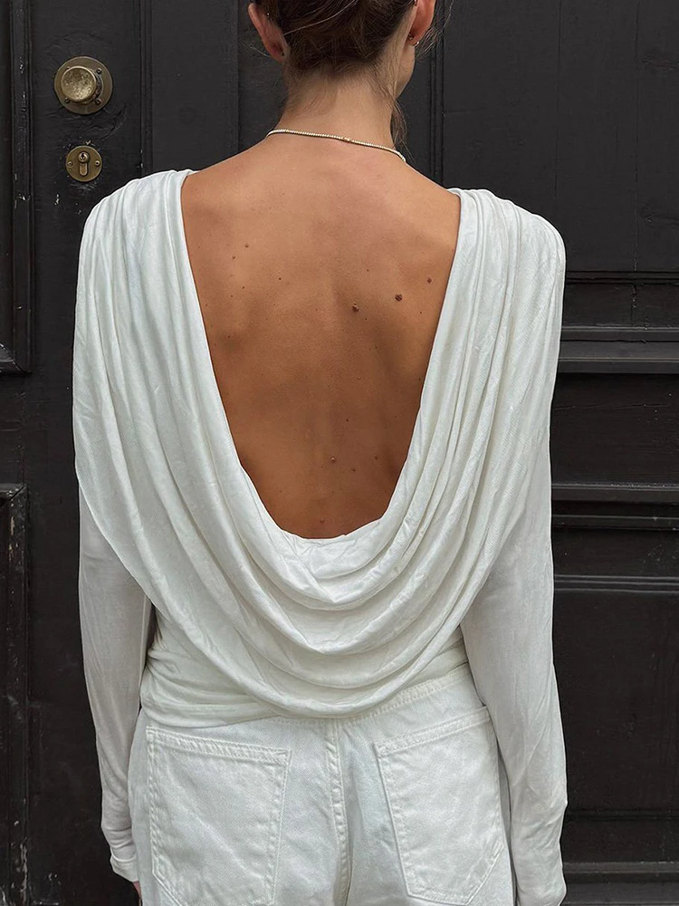 

Fantoye Sexy Backless Round Neck Women Tops White Long Sleeve Solid Casual T-shirts Female Autumn Slim Elegant Party Streetwear