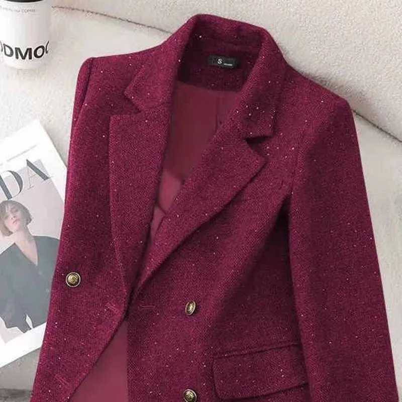 Women Fashion Casual Suit Black Slim Top Spring Autumn Professional Korean Version Spring  Autumn Double Breasted Jacket Coat