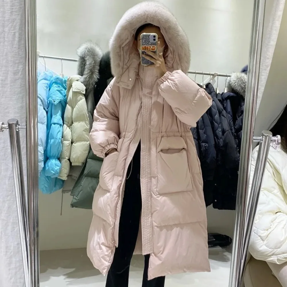 Down Jacket Women Luxury Outerwear Long Puffer Coat Warm Female Fluffy Parkas Loose 2024 Real Fox Fur Collar 90% Duck Down Coat