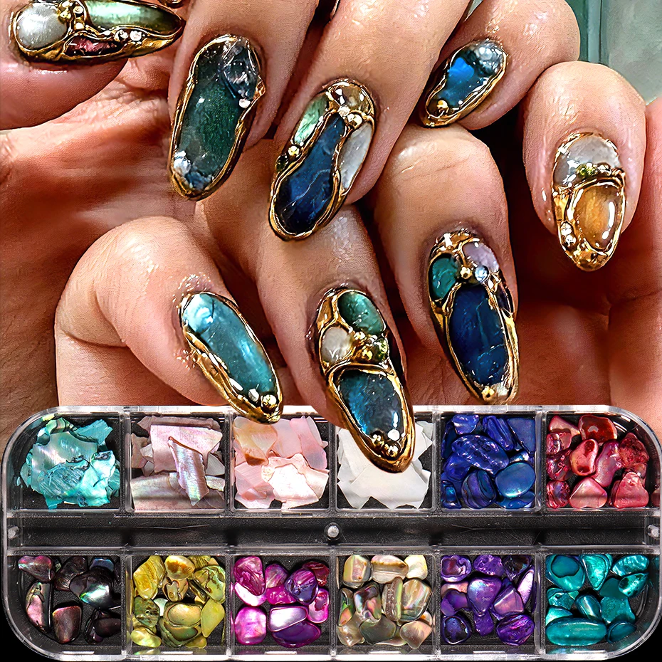 12er-Set Muschel-Nageldekorationen: Aurora-Muschelflocken, unregelmäßige 3D-Meerjungfrauen-Schillerstücke für Nagelkunst und Maniküre – Detail 1