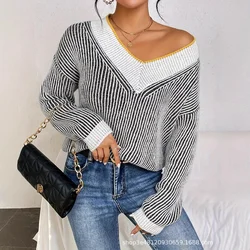 Women Sweaters Striped Knit Long Sleeved V Neck Pullovers Solid Patchwork Loose Jumpers Casual Elegant Lady Streetwear