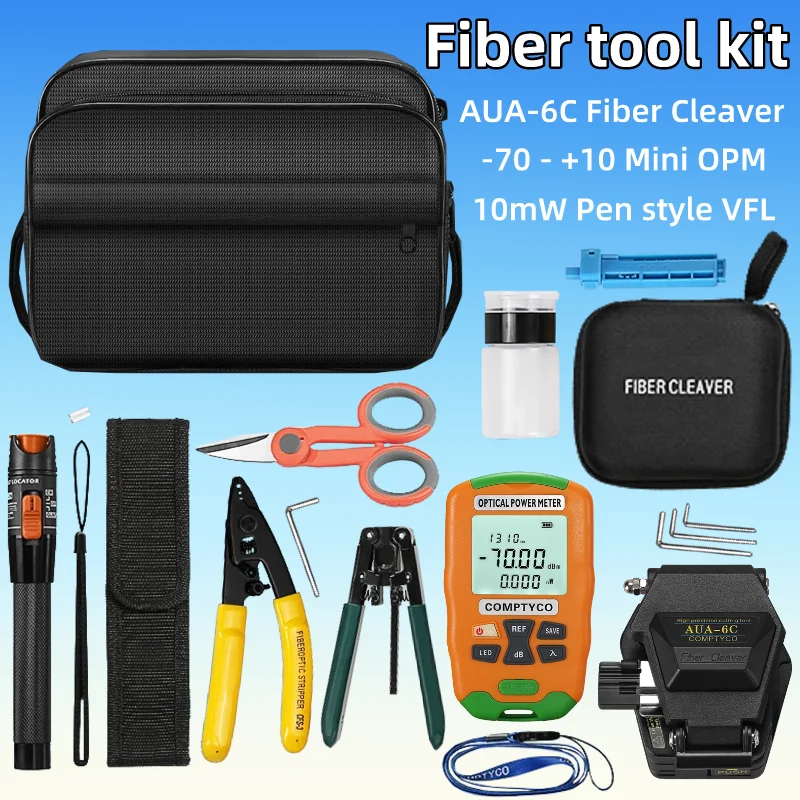 

FTTH Fiber Optic Tool Kit With AUA-6C Fiber Cleaver -70-+10 Optical Power Meter Tester 10mw Visual Fault Locator Fiber Stripper