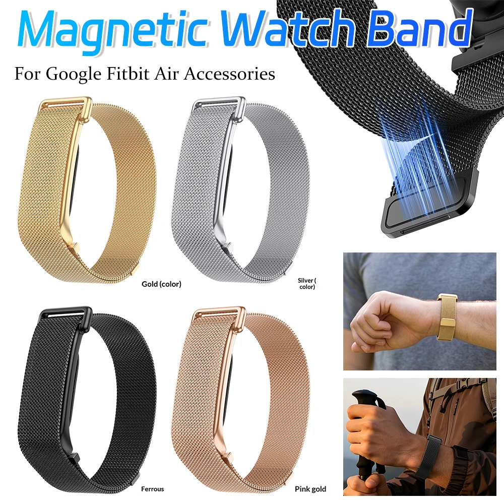 Stainless Steel Watch Band for Google Fitbit Air Hook and Loops Strap Band Wristwatch Straps Magnetic Wristband for Men Women