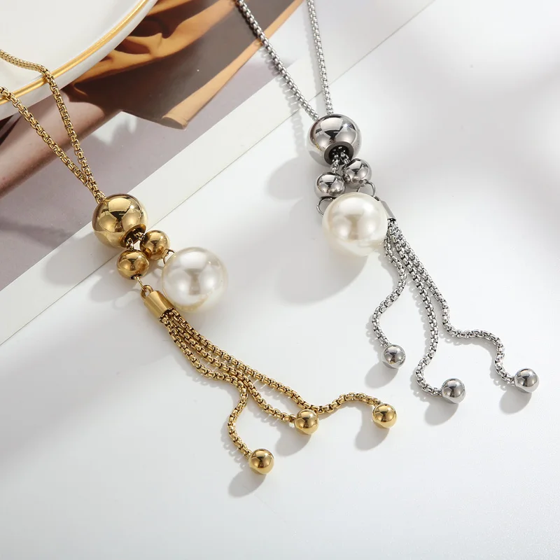 

Shell Imitation Pearl Beads Chain Tassel Pendant Necklace Ladies Girl Delicate Stainless Steel Collarbone Choker Female Jewelry