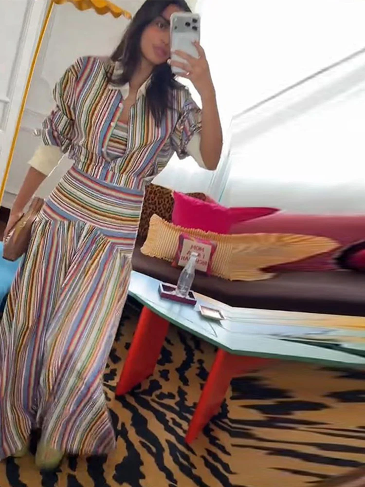 Elegant Multicolor Striped Maxi Dress Outfits Puff Sleeve Lapel Shirt High Waist Long Skirts 2026 Autumn Lady All-matching Suit image 5