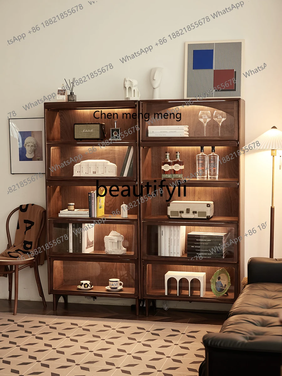 

X Vintage Black Walnut Solid Wood Bookshelf Living Room Dustproof Glass Display Storage Cabinet