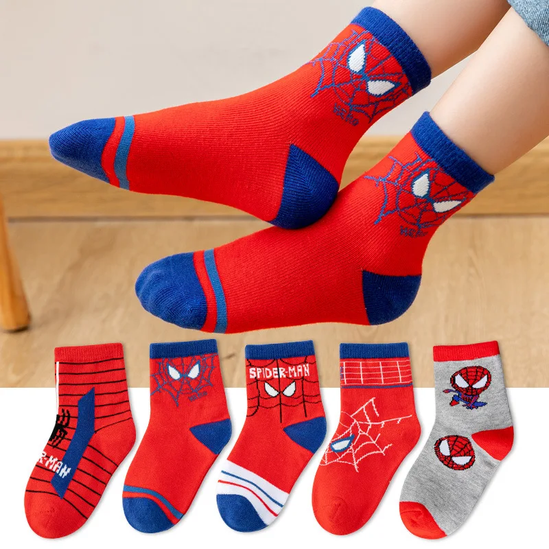 5 Pairs Spider-Man Socks Boys Anime Hero Accessories Cute Breathable Socks Cartoon Autumn and Winter Cotton 1-12Y Short Socks