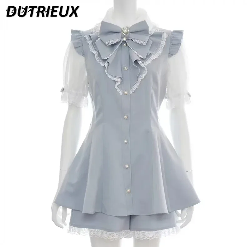 Tuta SC giapponese 2024 estate nuova camicia con lacci pantaloncini in due pezzi Set donna Lolita Cute Doll Collar Bow abito manica corta