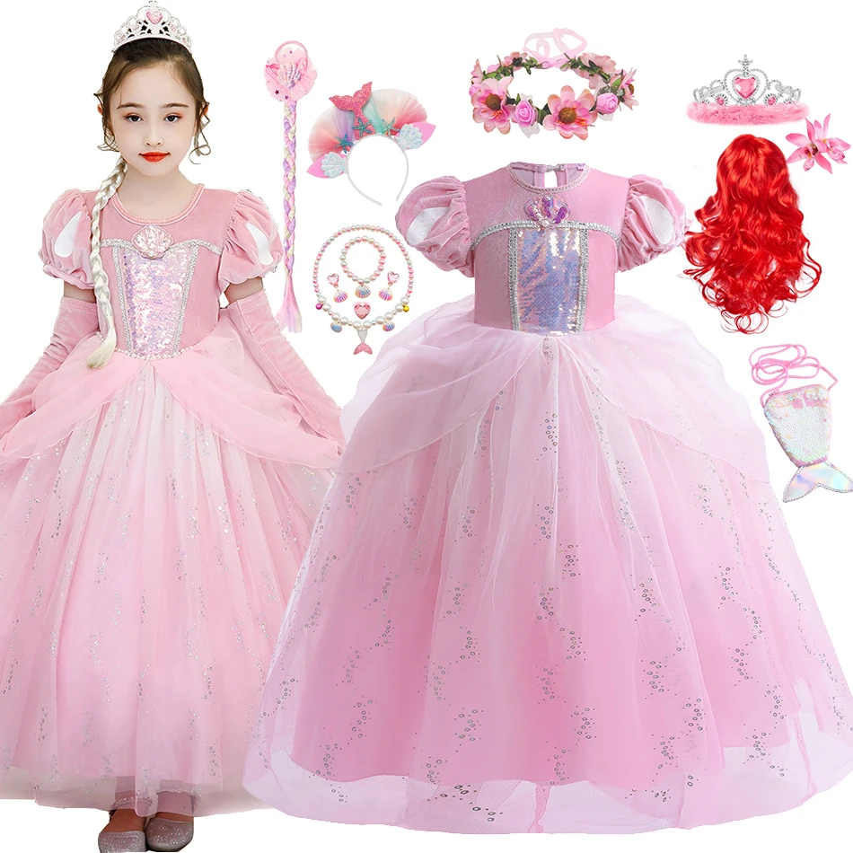 Mermaid Dress Pink Ariel Clothes Girls Luxury Sequin Princess Cosplay Carnival Party Kid Costume Applique Pearl Fluffy Prom Gown