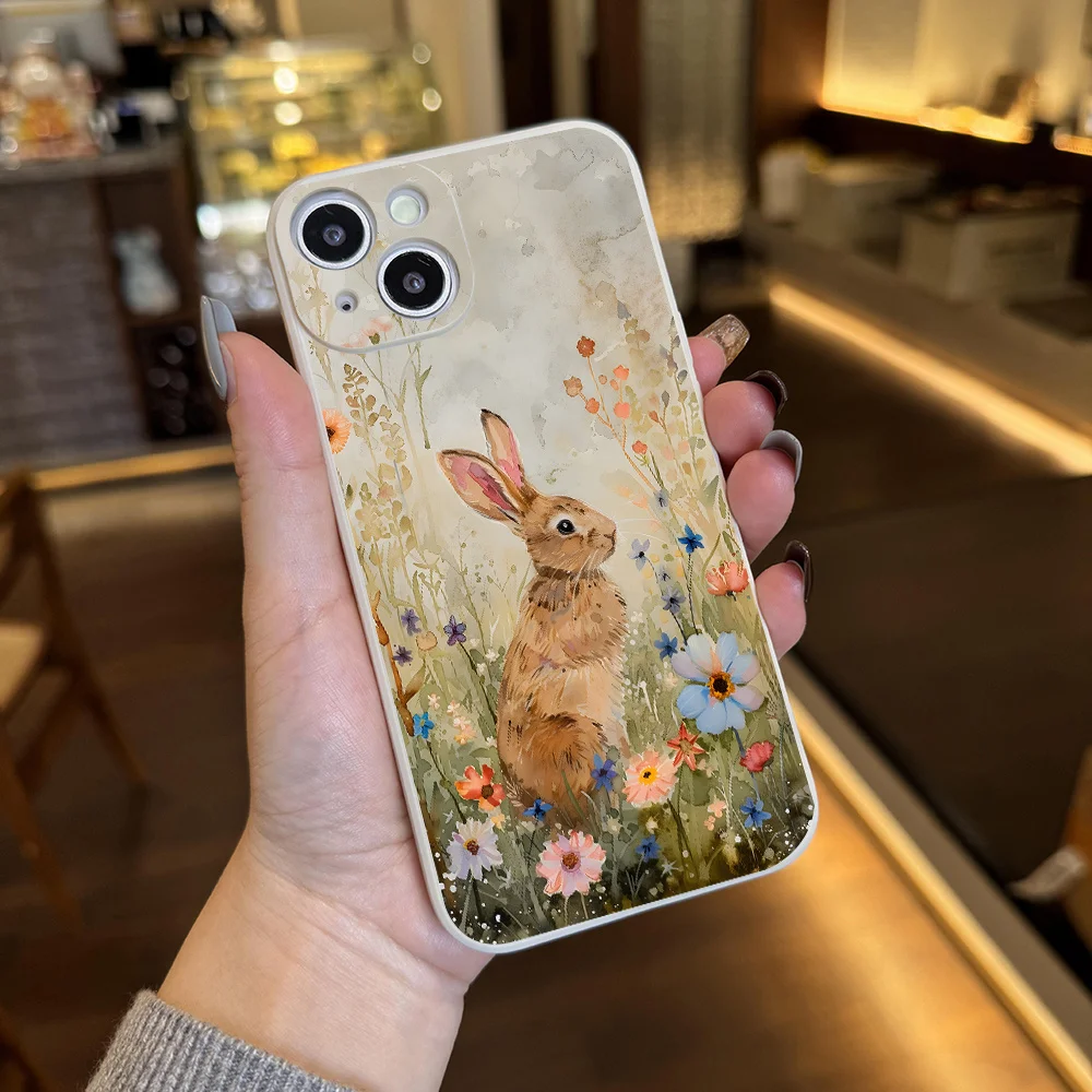 Custodia per telefono estetica con arte dell'acquerello del coniglio per iPhone 17 16 11 15 14 13 12 Pro Max Plus